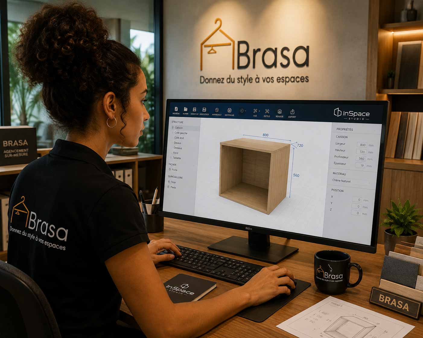 Concepteurs agenceurs Brasa en conception 3D sur InSpace Studio, atelier du Port à La Réunion