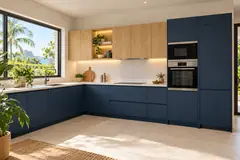Cuisine en L · Bleu nuit + Chêne