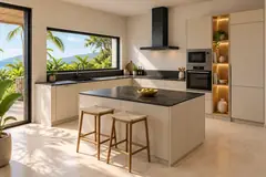 Cuisine sur mesure avec îlot · Beige, plan noir