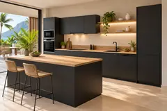Cuisine sur mesure avec îlot · Noir + Chêne