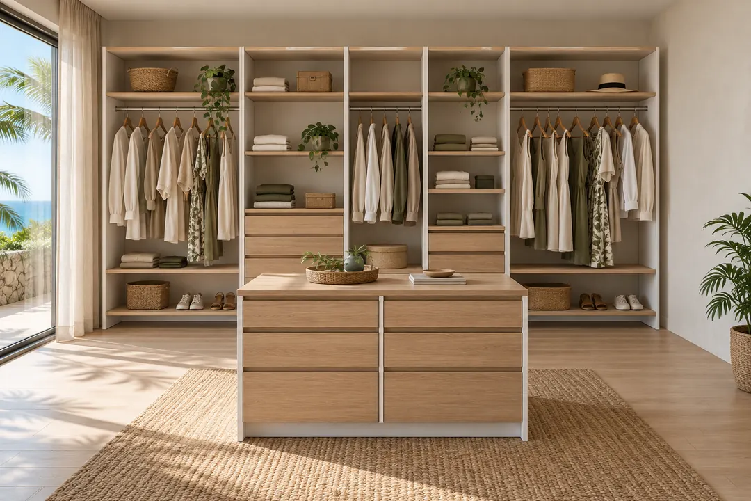 Dressing sur mesure droit avec îlot · Blanc + Chêne, fabriqué à La Réunion