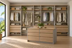 Dressing sur mesure droit avec îlot · Gris + Chêne