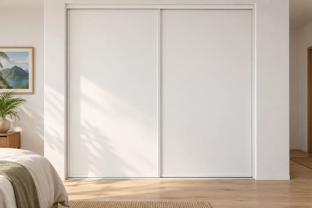 Placard sur mesure à portes coulissantes, fabriqué à La Réunion : Blanc · rails blancs