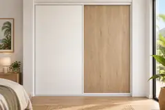 Placard à portes coulissantes : Blanc + Chêne · rails blancs